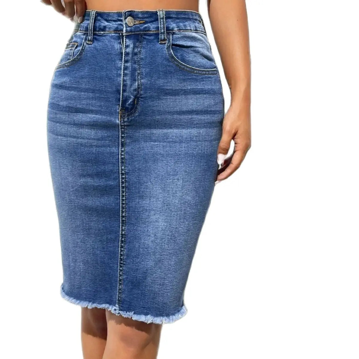 Raw Edge High Waist Denim Skirt