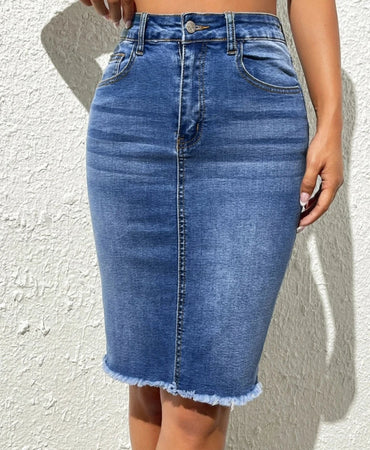 Raw Edge High Waist Denim Skirt