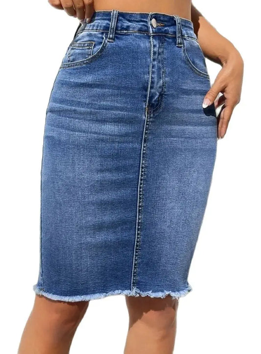 Raw Edge High Waist Denim Skirt