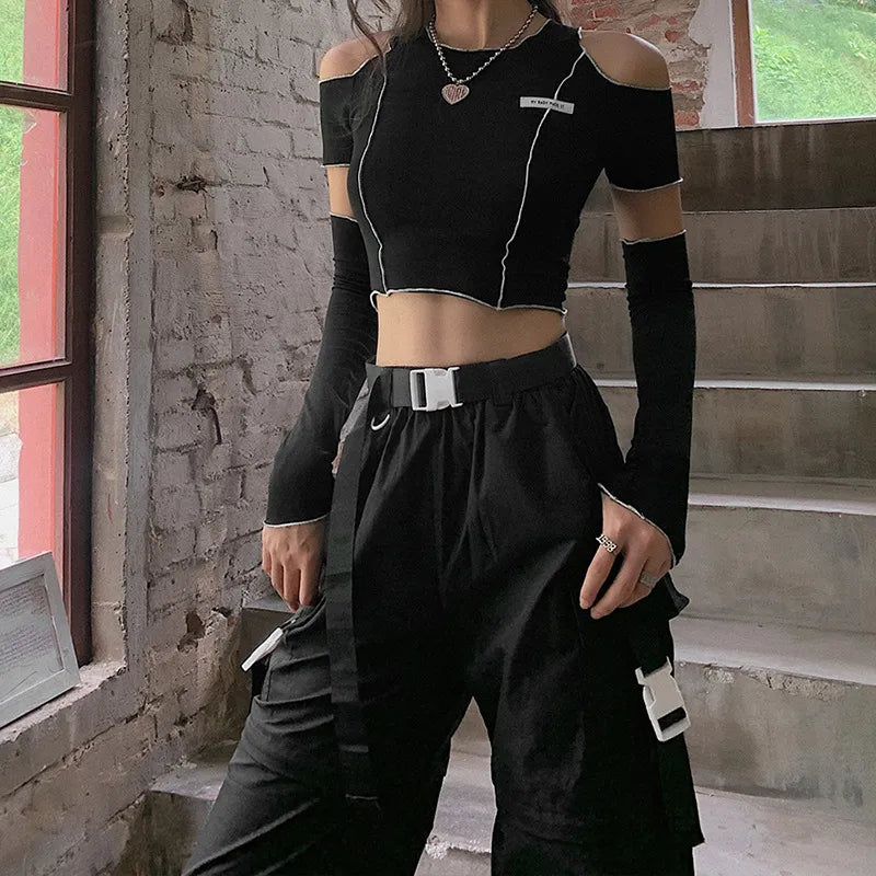 Patchwork Off-Shoulder Techwear