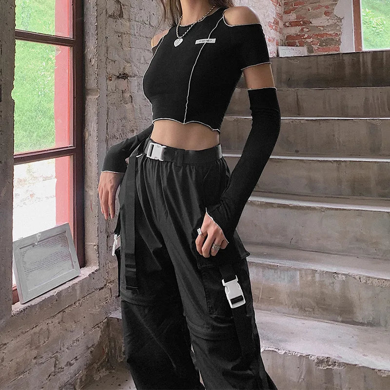 Patchwork Off-Shoulder Techwear