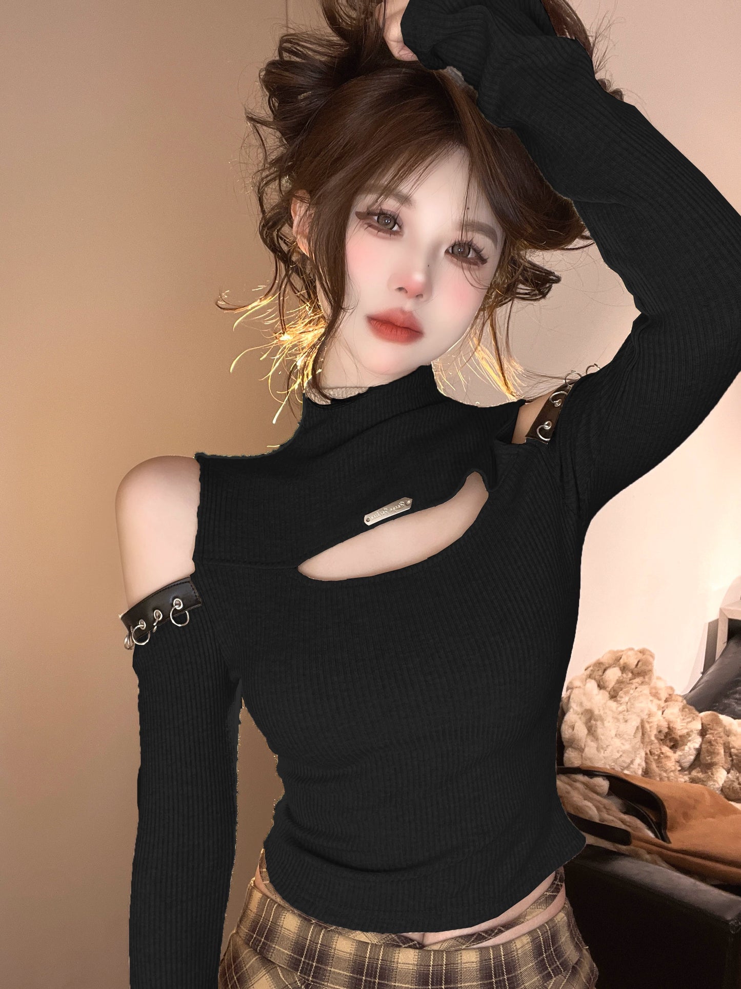 Off the Shoulder High Collar Long Sleeve