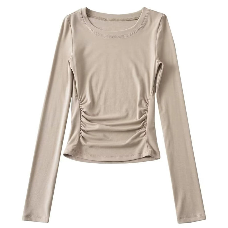 Ruched Long Sleeves Slim-Fit Design Bottoming T-shirt