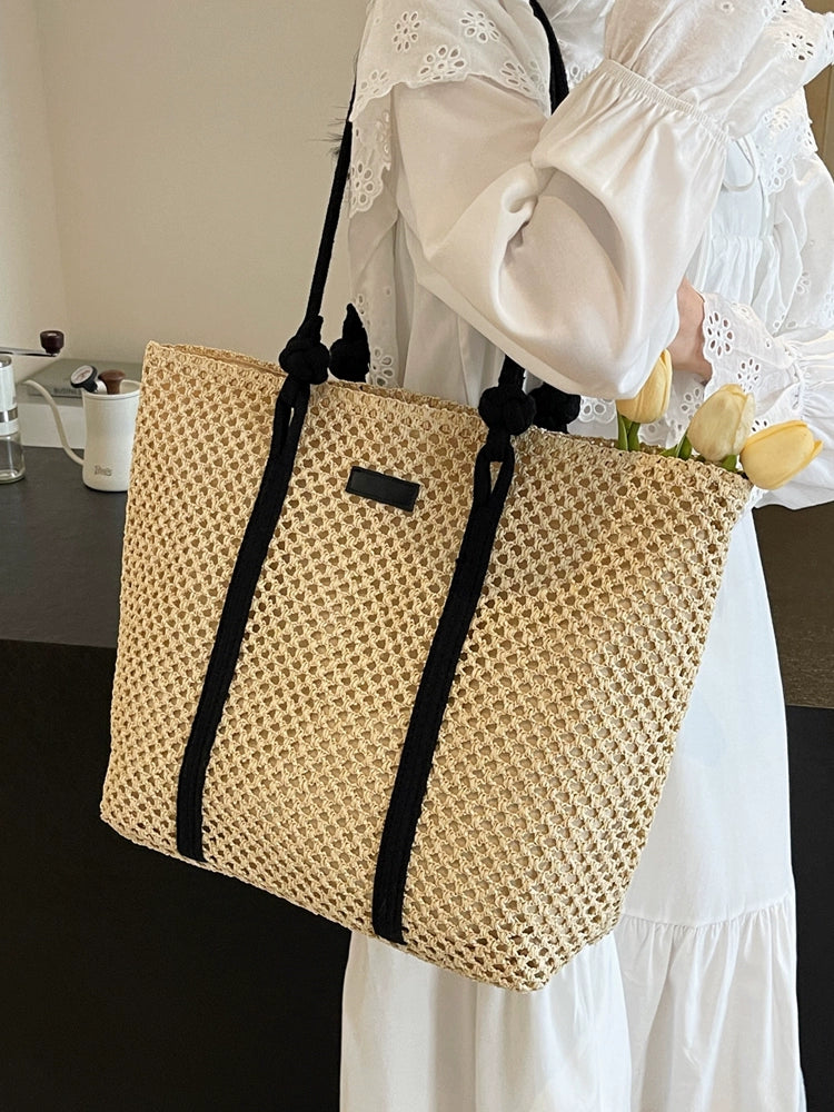 One Shoulder Straw Woven Bag with Black Accents