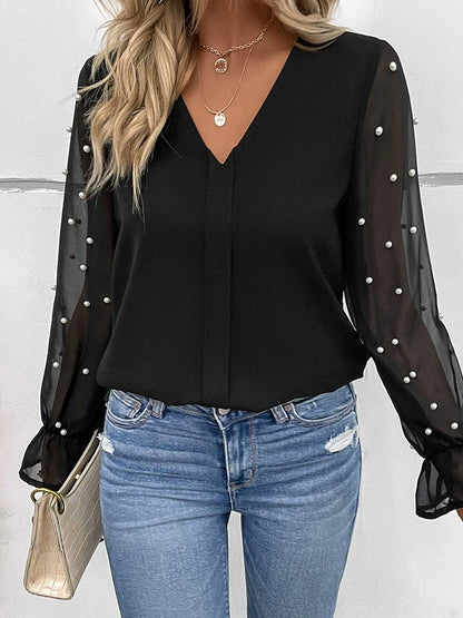 V Neck Long Sleeves European and American Stitching Women's Thin Chiffon Shirt