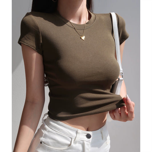 round Neck Midriff-Baring Slim-Fit Top Spring and Summer Short-Sleeved T-shirt