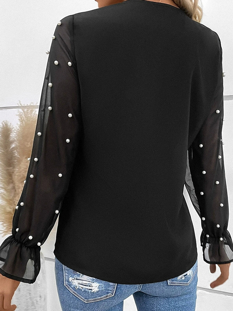 V Neck Long Sleeves European and American Stitching Women's Thin Chiffon Shirt