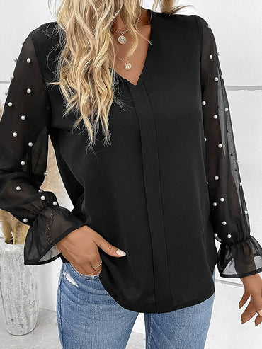 V Neck Long Sleeves European and American Stitching Women's Thin Chiffon Shirt