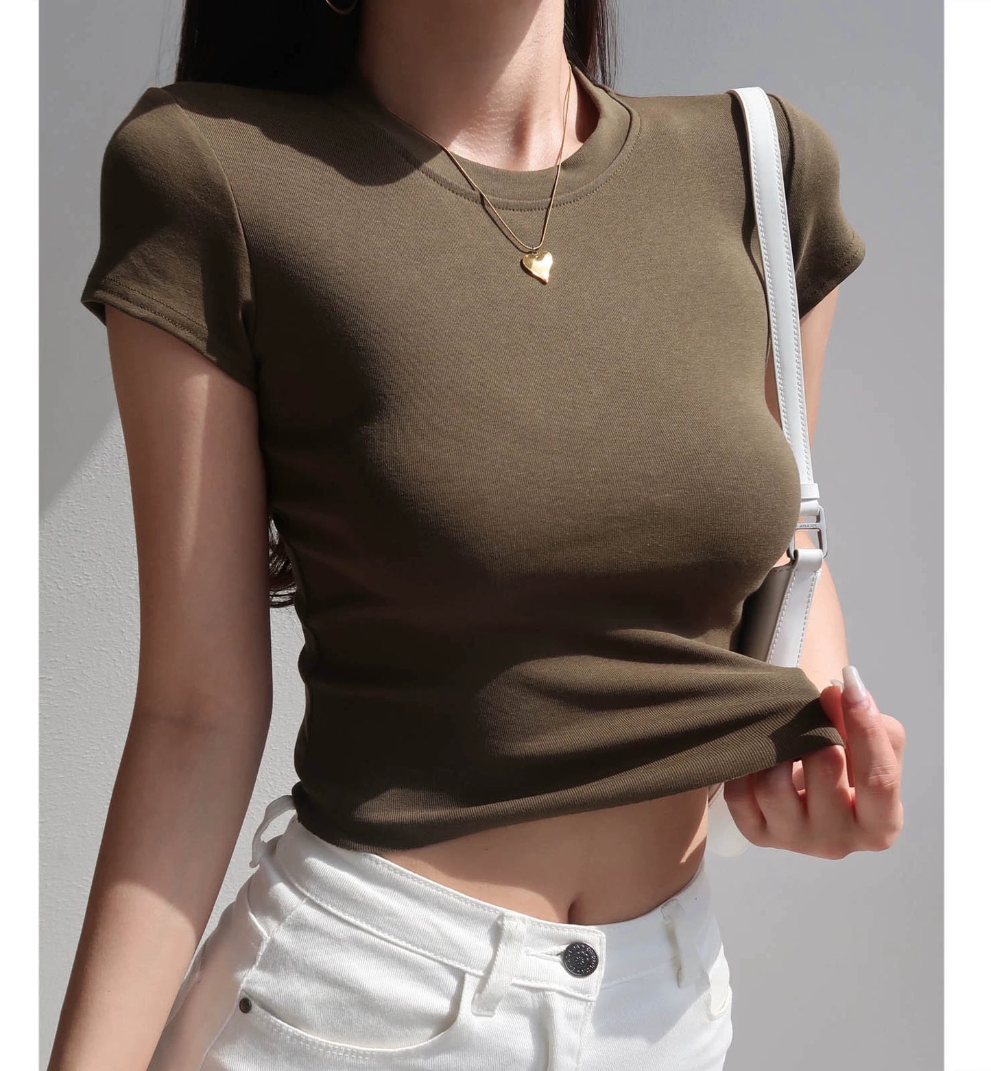 round Neck Midriff-Baring Slim-Fit Top Spring and Summer Short-Sleeved T-shirt