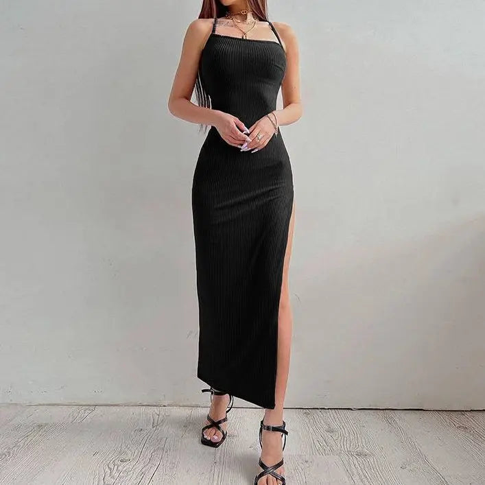 Sexy Black Long Bodycon Dress Women Summer Sleeveless Blackless Halter Neck Spaghetti Strap Dresses High Split Vestidos