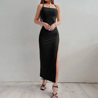 Sexy Black Long Bodycon Dress Women Summer Sleeveless Blackless Halter Neck Spaghetti Strap Dresses High Split Vestidos