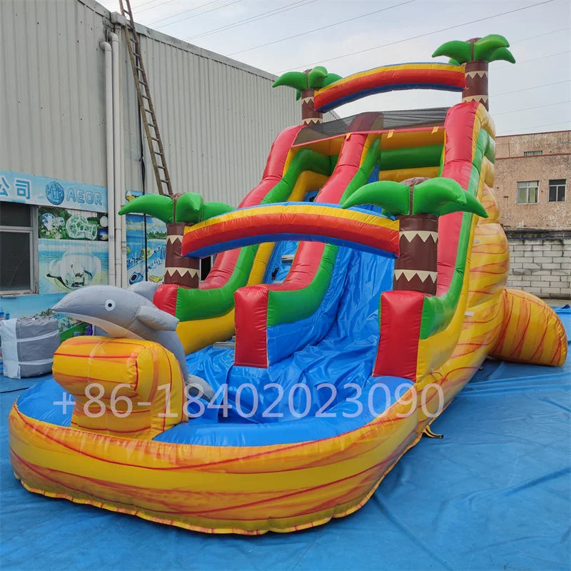 Commercial 15ft Dual Lane Waterslide With Large Pool Inflatable Water Slide For Kids Summer Fun