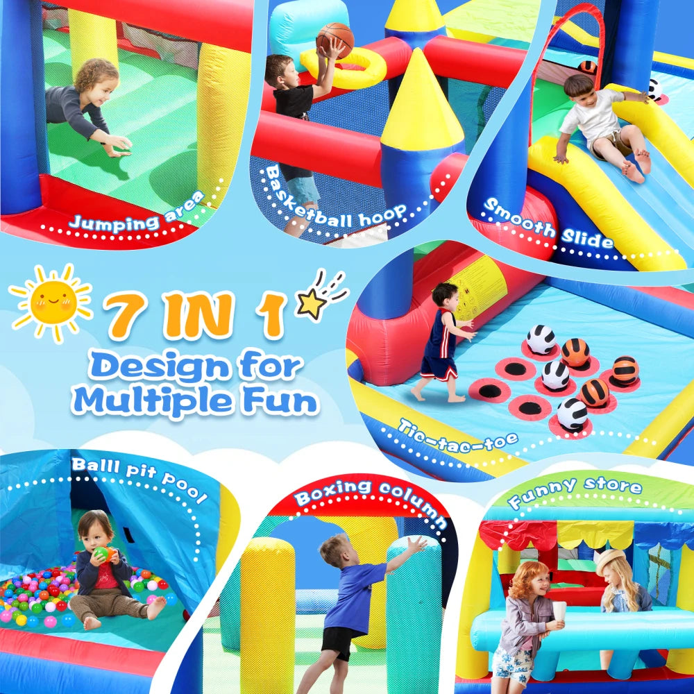 7in1 Inflatable Bounce House with Ball Pit for Kids Indoor Outdoor Party Family Fun, Obstacles Toddler Jump Castle with Ball Pit