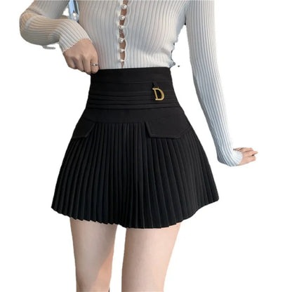 White Pleated Skirts Sexy Casual Slim College Women High Waist Mini Metal Letter D A-Line Clubwear Korean Fashion Style