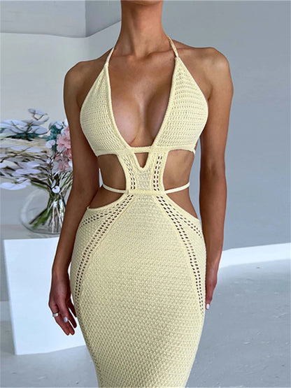 Women Halter Tie-up Knit Crochet Beach Dress