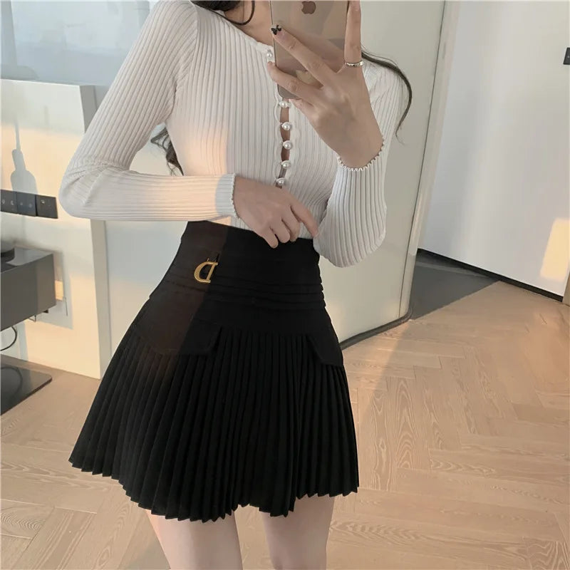 White Pleated Skirts Sexy Casual Slim College Women High Waist Mini Metal Letter D A-Line Clubwear Korean Fashion Style