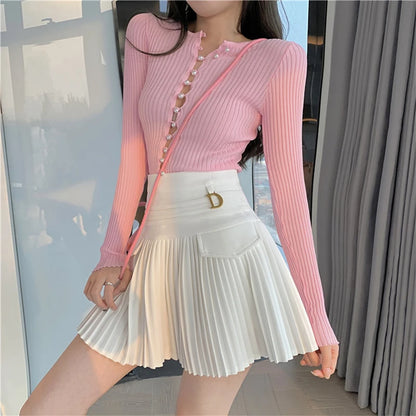 White Pleated Skirts Sexy Casual Slim College Women High Waist Mini Metal Letter D A-Line Clubwear Korean Fashion Style