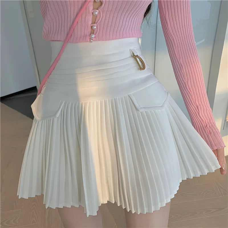 White Pleated Skirts Sexy Casual Slim College Women High Waist Mini Metal Letter D A-Line Clubwear Korean Fashion Style