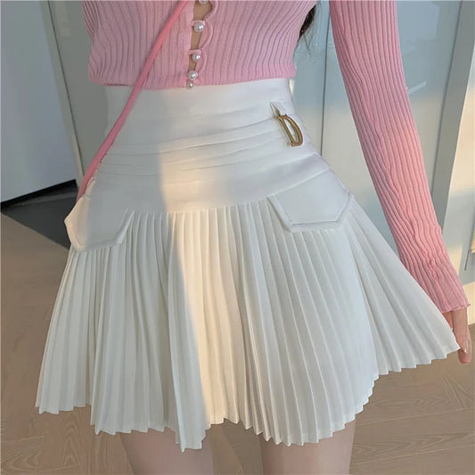 White Pleated Skirts Sexy Casual Slim College Women High Waist Mini Metal Letter D A-Line Clubwear Korean Fashion Style