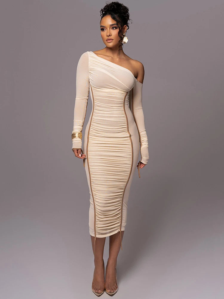 Going to the Pyramids Diagonal Collar Long Sleeve Midi Dress