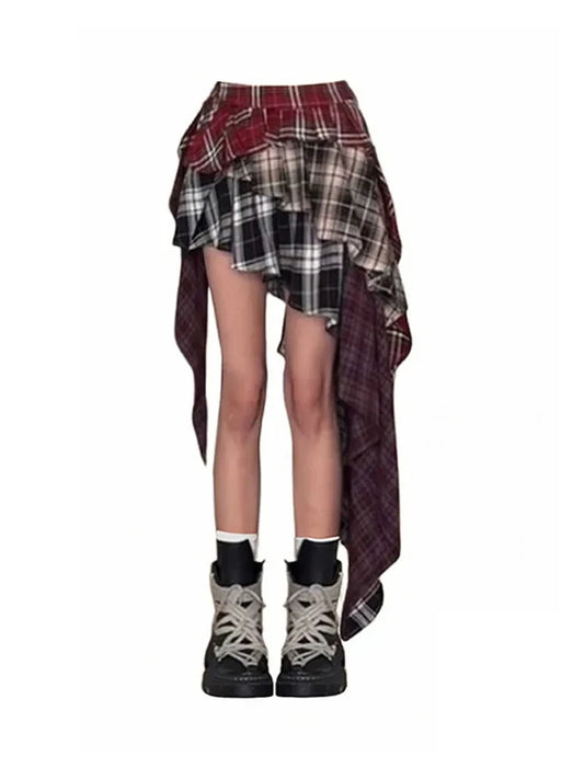 Vintage Fashion High Quality Plaid A-line Skirt Summer Women High Street Sexy Slim Asymmetrical Mini Skirt Coquette Streetwear