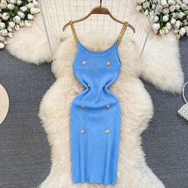 Sexy Sleeveless Elastic  Knit Bodycon  Dress  Sexy Chic Vestidos Women Summer Slim Women Chain Slip Dress