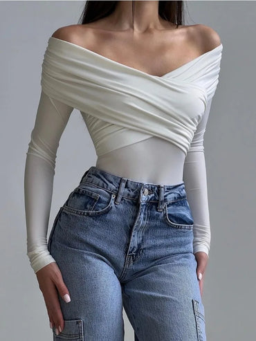 Tossy White See-Through Patchwork Jumpsuit For Women Pleated Slim Sexy High Waist Long Sleeve Off-Shoulder Rompers Streetwear