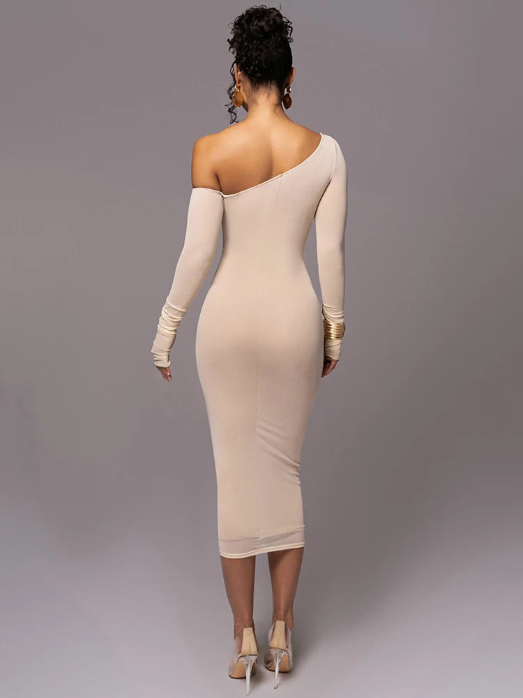 Going to the Pyramids Diagonal Collar Long Sleeve Midi Dress