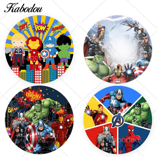 Avengers Assemble Circle Photo Backdrop Cover For Boys Birthday Party Marvel SuperHero Theme Round Photography Background