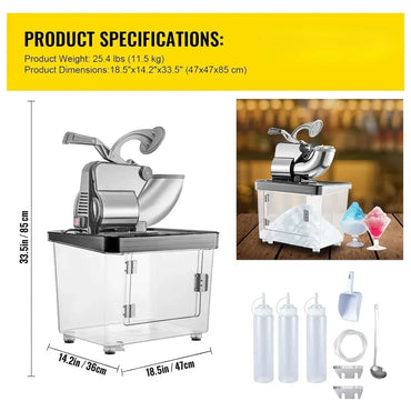 Commercial Ice Crusher, 300W Electric Snow Cone Machine with Dual Blades, Stainless Shaved Ice Machine with Safety On/Off Switch