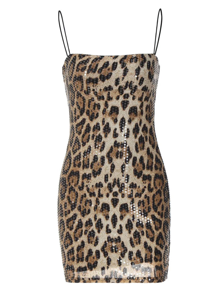 Leopard Print Sequin Slip Dress