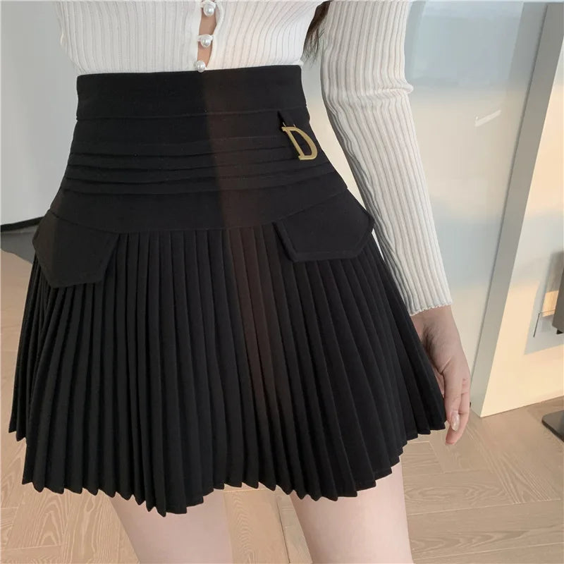 White Pleated Skirts Sexy Casual Slim College Women High Waist Mini Metal Letter D A-Line Clubwear Korean Fashion Style