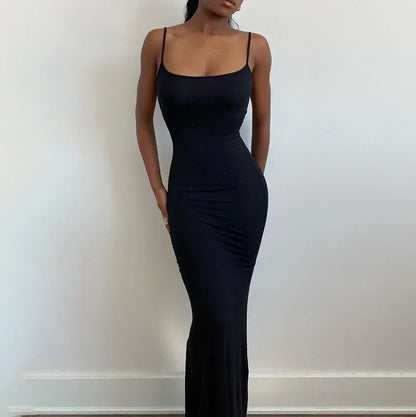 Y2k Women Sexy Bodycon Long Dress Solid Color Spaghetti Strap Low Cut Evening Party Dress Summer Beach Going Out Clothing