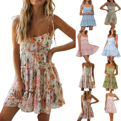 Summer Floral Print Mini Dress Women 2024 Sexy Halter Dresses For Women Casual Sleeveless Beach Holiday Dress Boho Jurken Dames