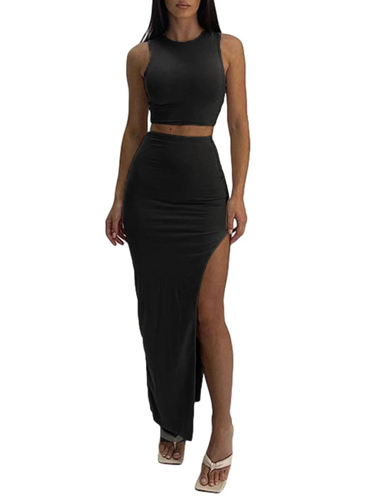 Women Summer Y2K 2 Piece Crew Neck Skirt Suit Skirt Outfits Bodycon 3D Streetwear Hip High Slit Long Skirts Set