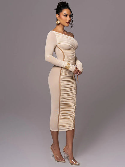 Going to the Pyramids Diagonal Collar Long Sleeve Midi Dress