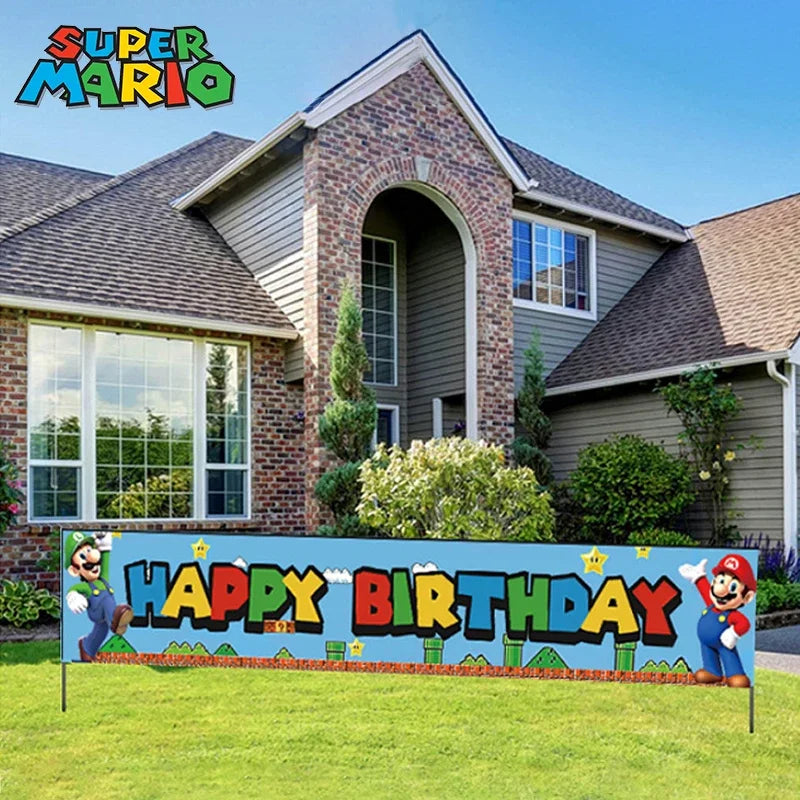 50x300cm Mario Birthday Banner Outdoor Flag Decorate Super Mario Children's Birthday Party Supplies Fun Hang Banner Garten House