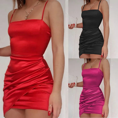 Sexy Skinny Mini Dress Sling Pleated Solid Color Skirt Elegant Y2K Size Cutout Backless 2024 New Short Dresses