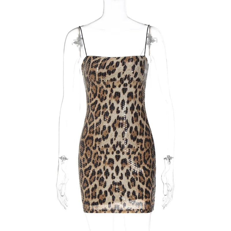 Leopard Print Sequin Slip Dress